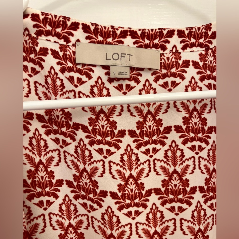 LOFT Burgundy and Cream Floral Wrap Blouse